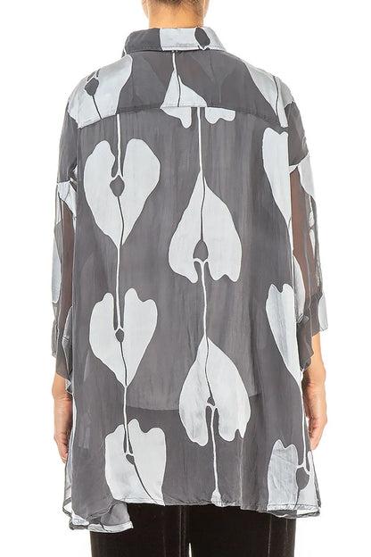 Loose Silver Devoré Leaves Silk Shirt 2