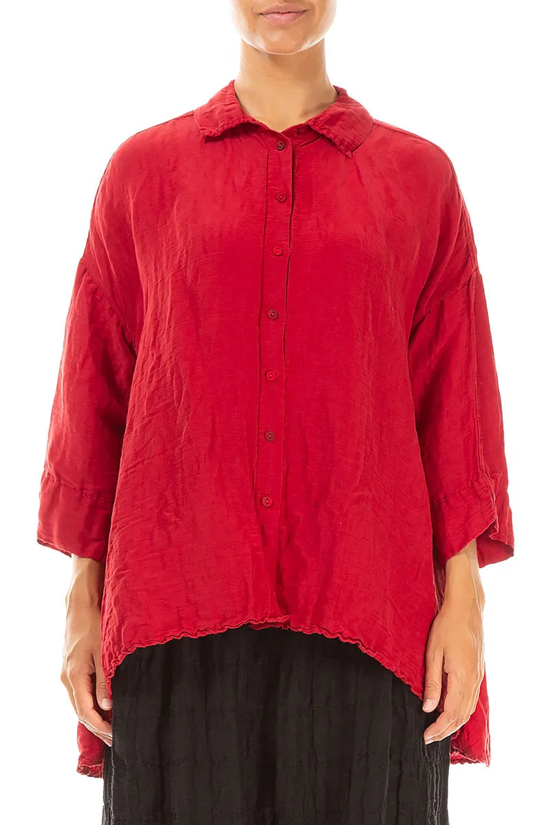 Loose Textured Cherry Red Silk Linen Shirt
