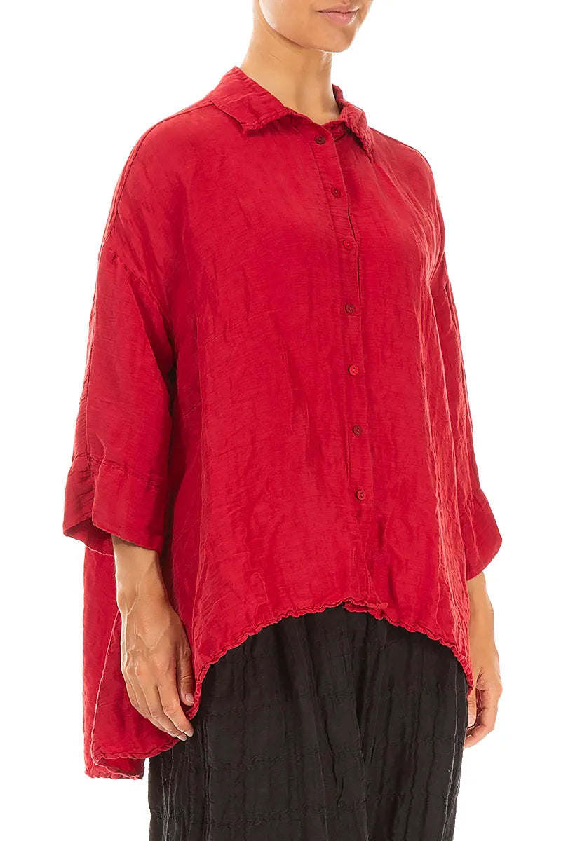 Loose Textured Cherry Red Silk Linen Shirt