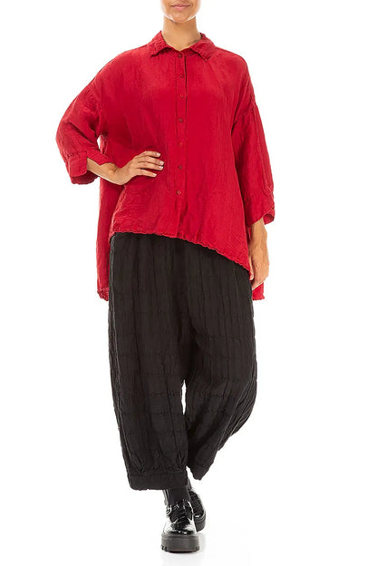 Loose Textured Cherry Red Silk Linen Shirt