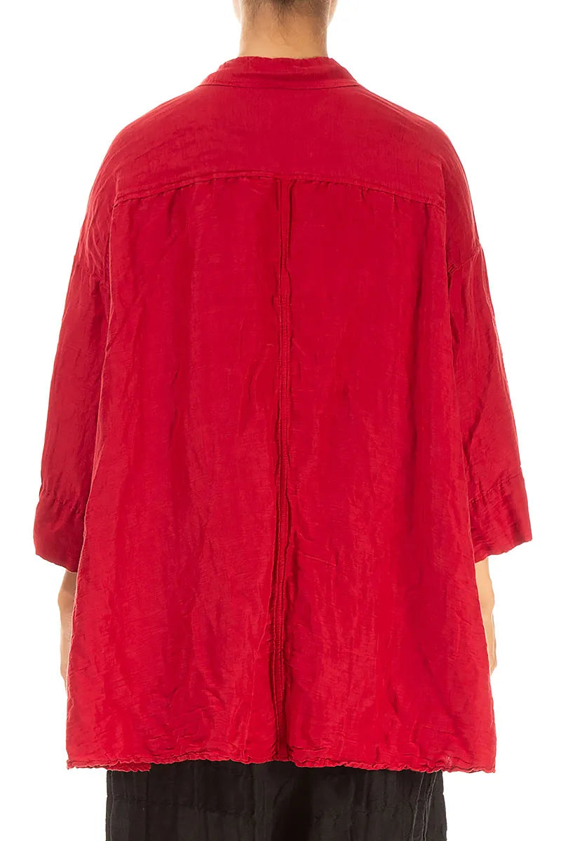 Loose Textured Cherry Red Silk Linen Shirt