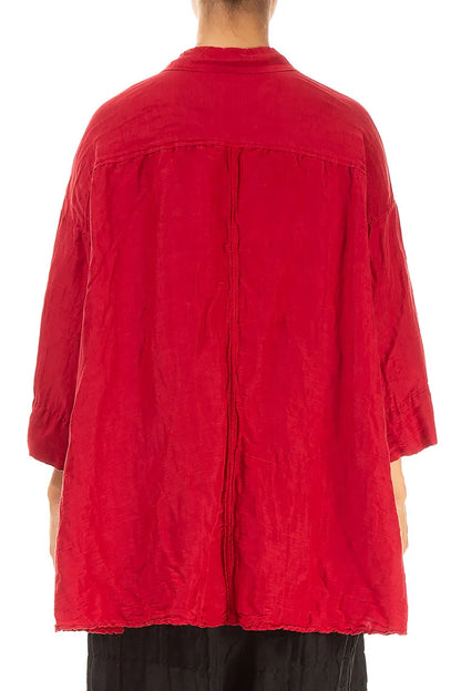 Loose Textured Cherry Red Silk Linen Shirt