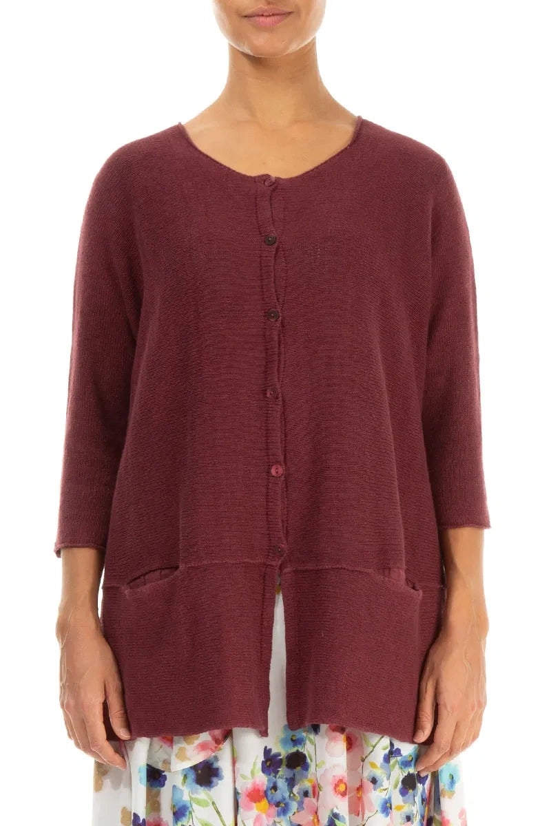 Loose Two Pockets Antique Ruby Linen Cardigan