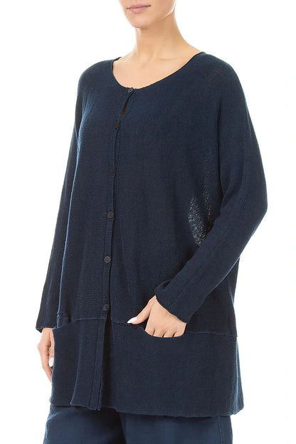 Cardigan ample en lin bleu marine à deux poches