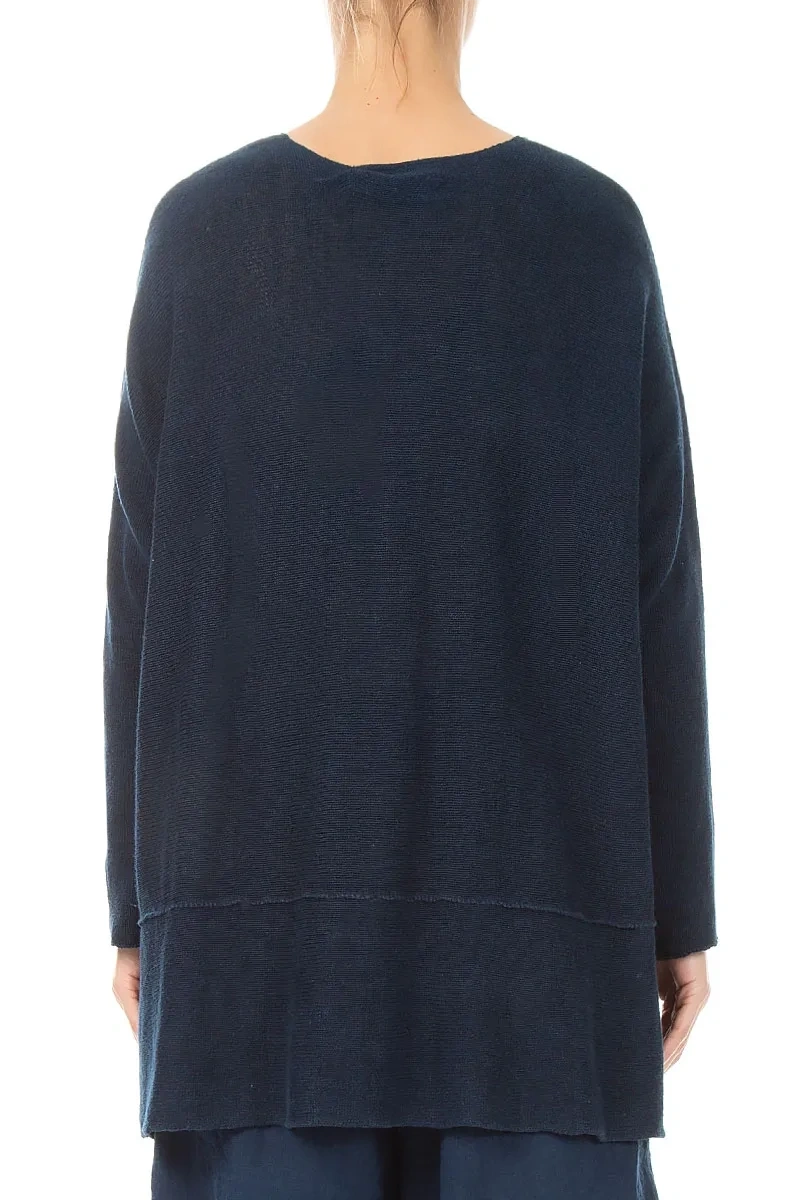 Loose Two Pockets Navy Linen Cardigan