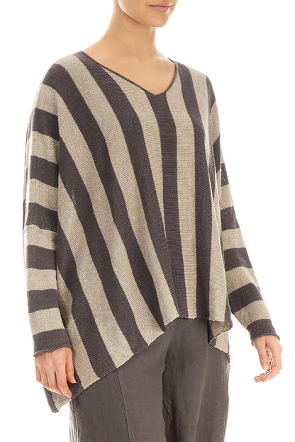 Loose V-Neck Striped Brown Linen Jumper 3