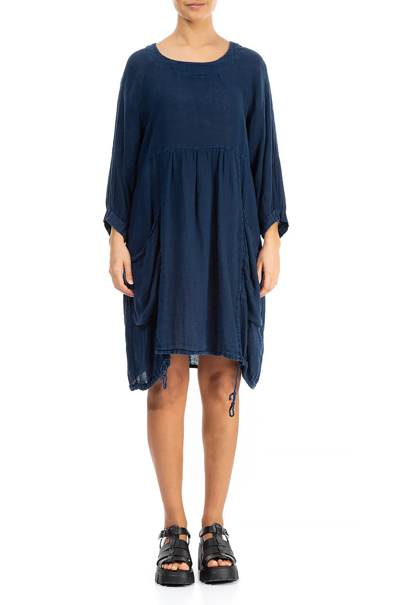Side Pockets Navy Gauze Linen Tunic Dress 1