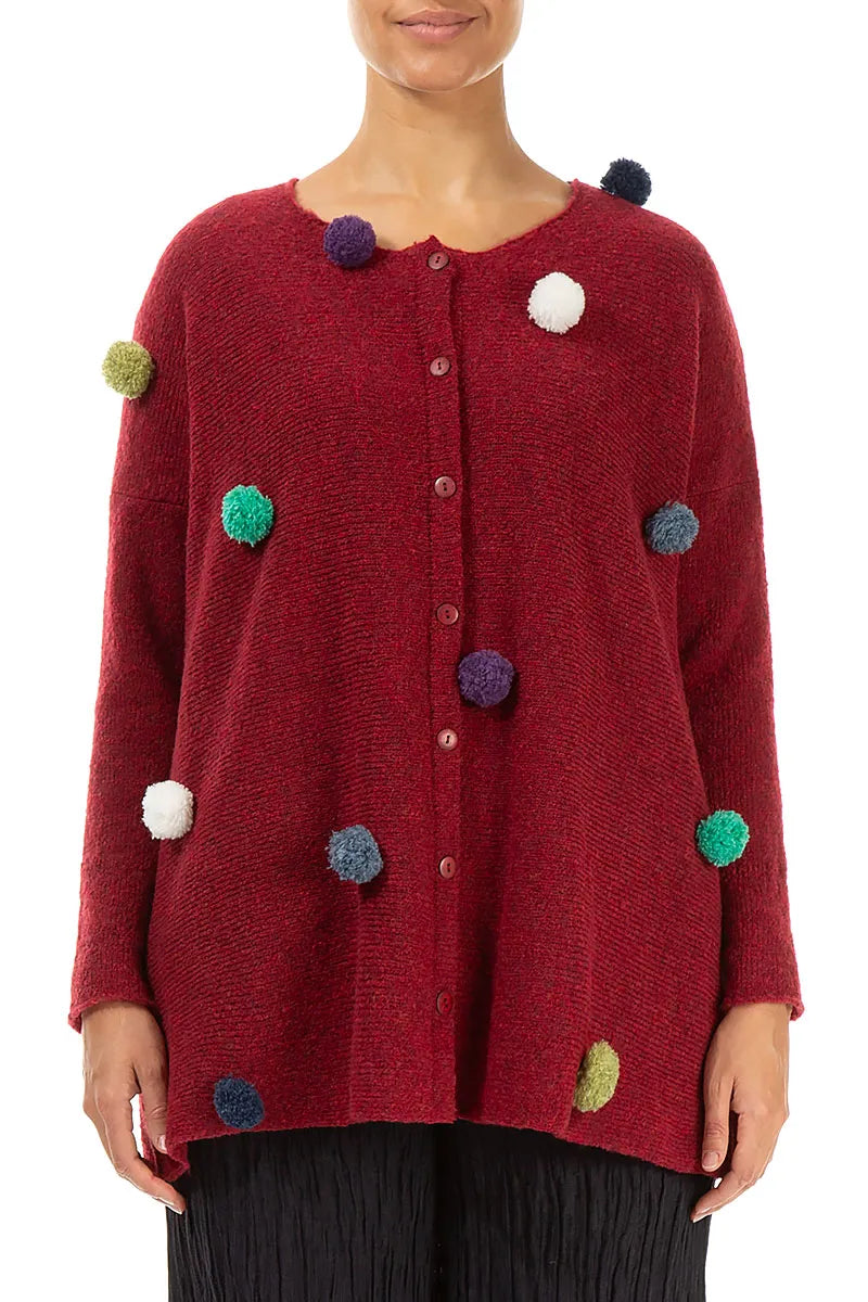 Pom-Pom Ruby Red Wool Cardigan 1