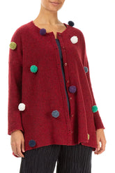 Pom-Pom Ruby Red Wool Cardigan 3
