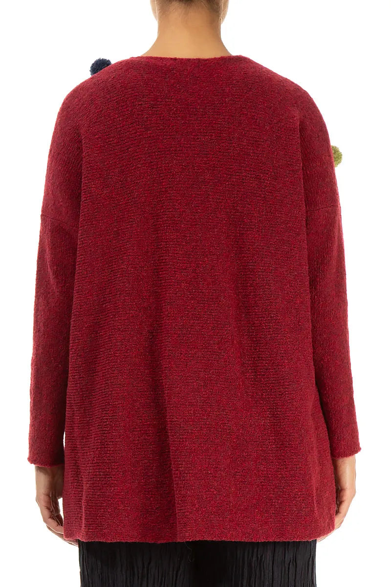 Pom-Pom Ruby Red Wool Cardigan 2