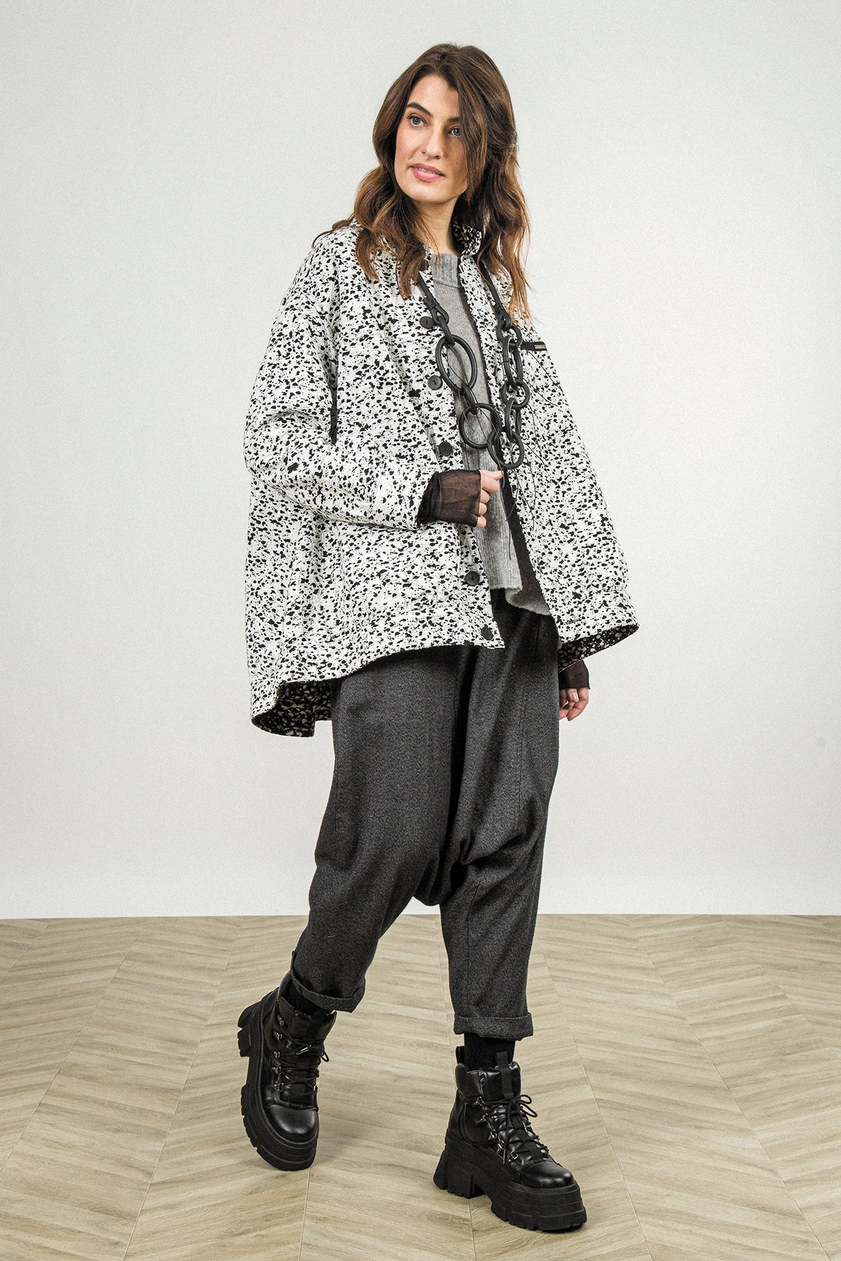 Veste-manteau réversible en coton moucheté noir et blanc