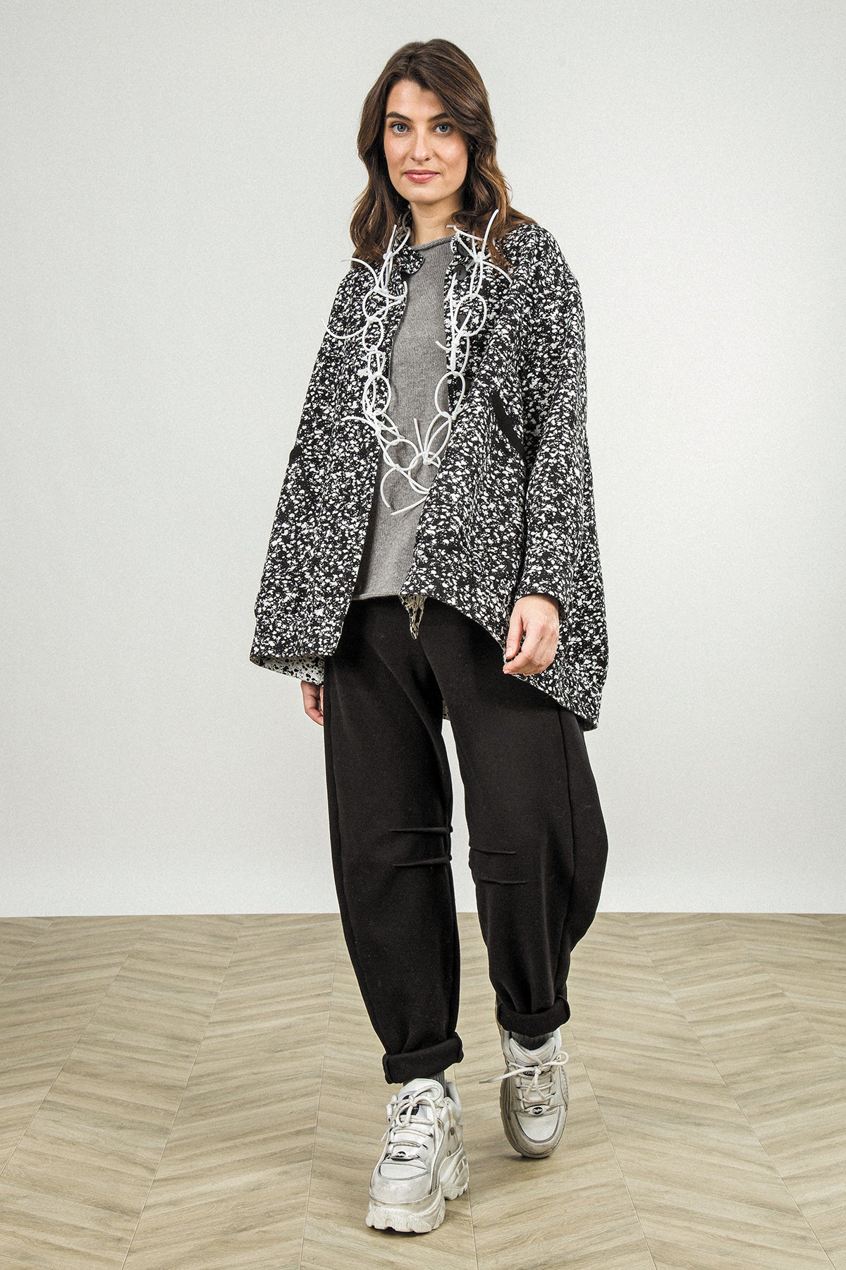 Veste-manteau réversible en coton moucheté noir et blanc