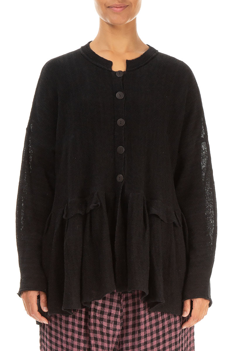 Frilled Hem Black Linen Cardigan 1