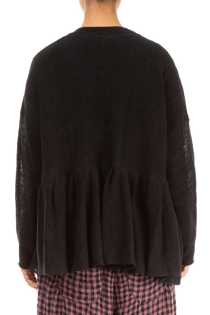 Frilled Hem Black Linen Cardigan 2