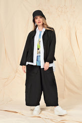 Side Pockets Wide Black Silk Linen Trousers 5