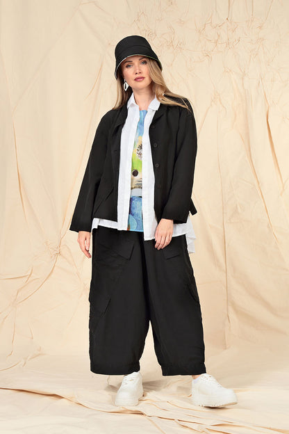 Side Pockets Wide Black Silk Linen Trousers 5