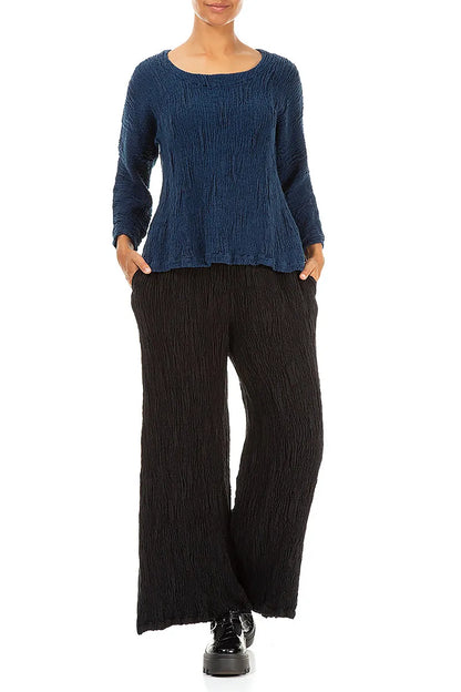 Pantalon large en lin et soie texturé noir