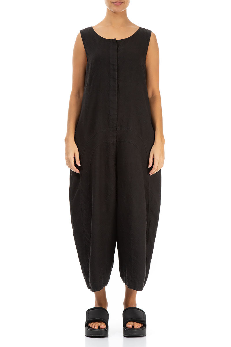 Loose Back Pockets Black Linen Jumpsuit 1