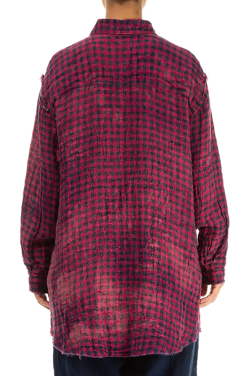 Magenta Watercolour Check Linen Shirt 2