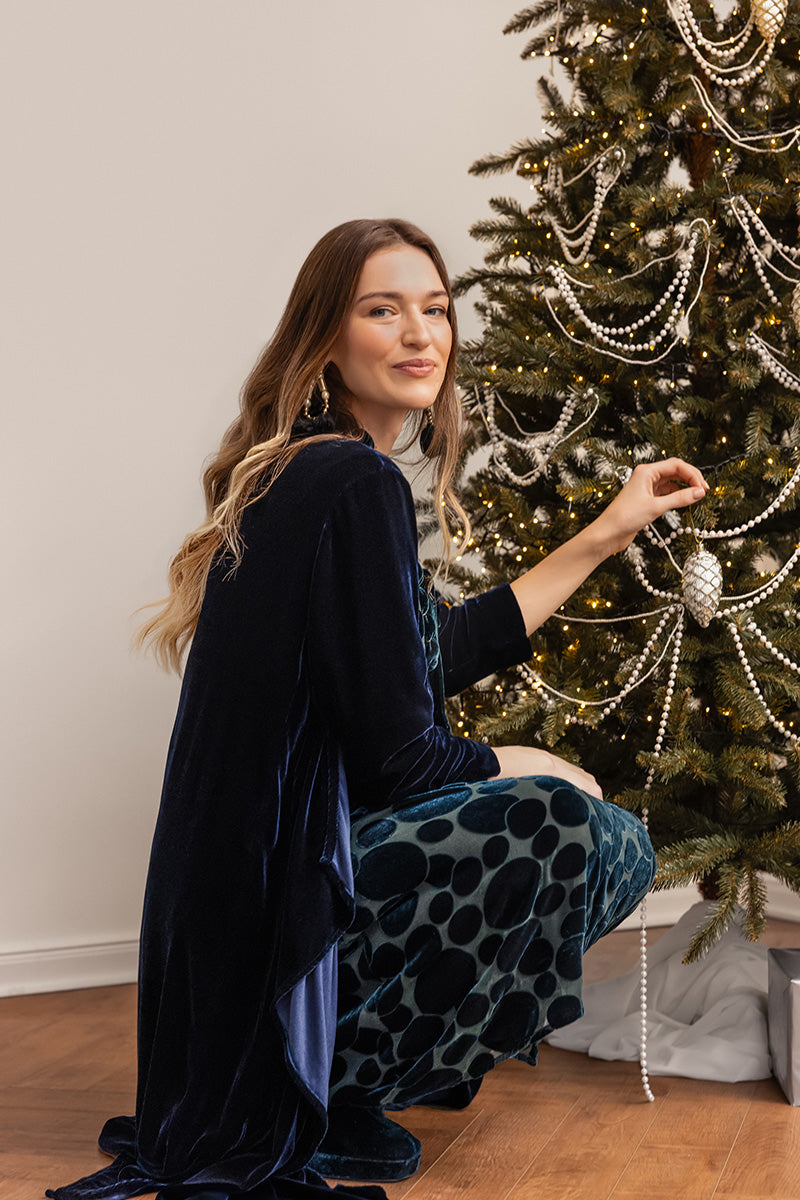 Veste maxi ouverte en velours de soie bleu royal