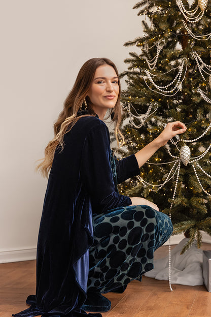 Veste maxi ouverte en velours de soie bleu royal