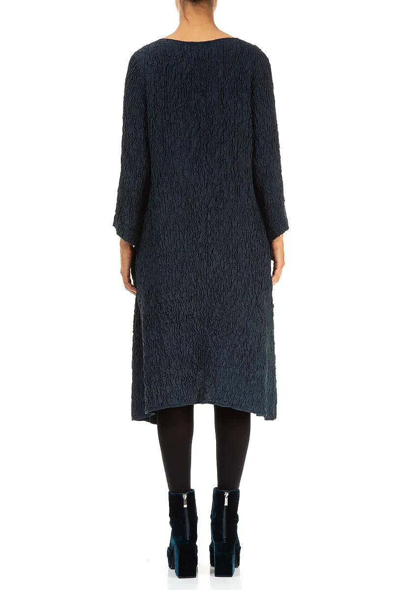 Midi Crinkled Navy Silk Dress 2