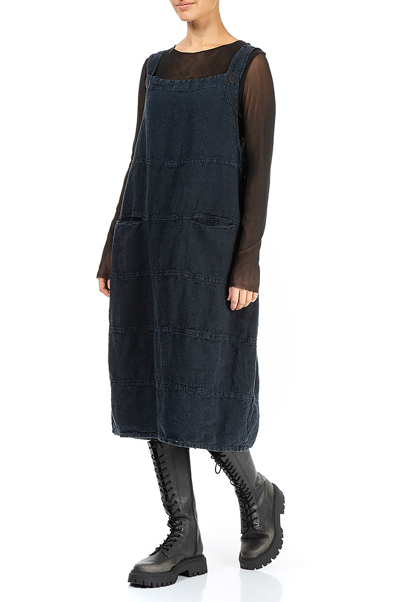 Midnight Blue Patterned Linen Pinafore Dress 3