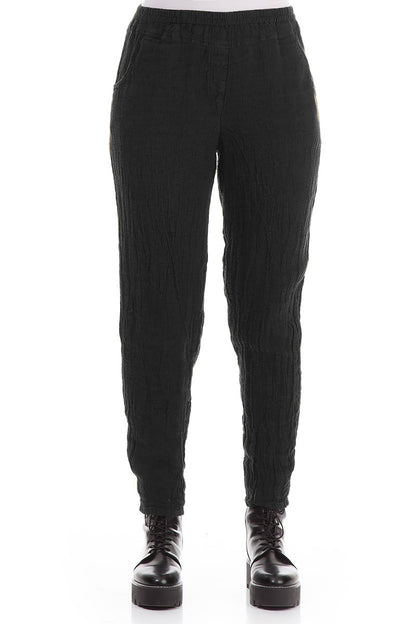 Narrow Black Mélange Linen Trousers
