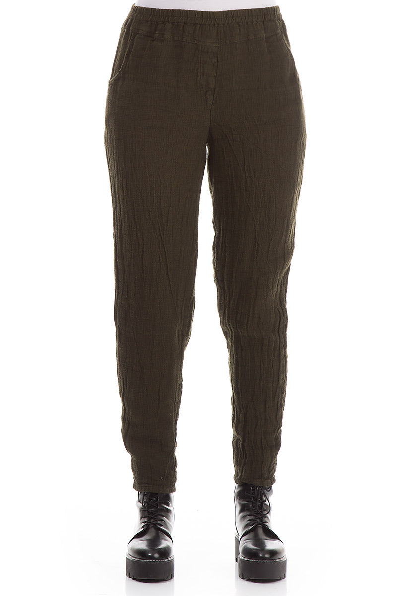 Narrow Khaki Mélange Linen Pants 1