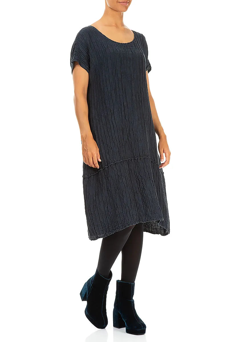 Navy Crinkled Silk Linen Dress