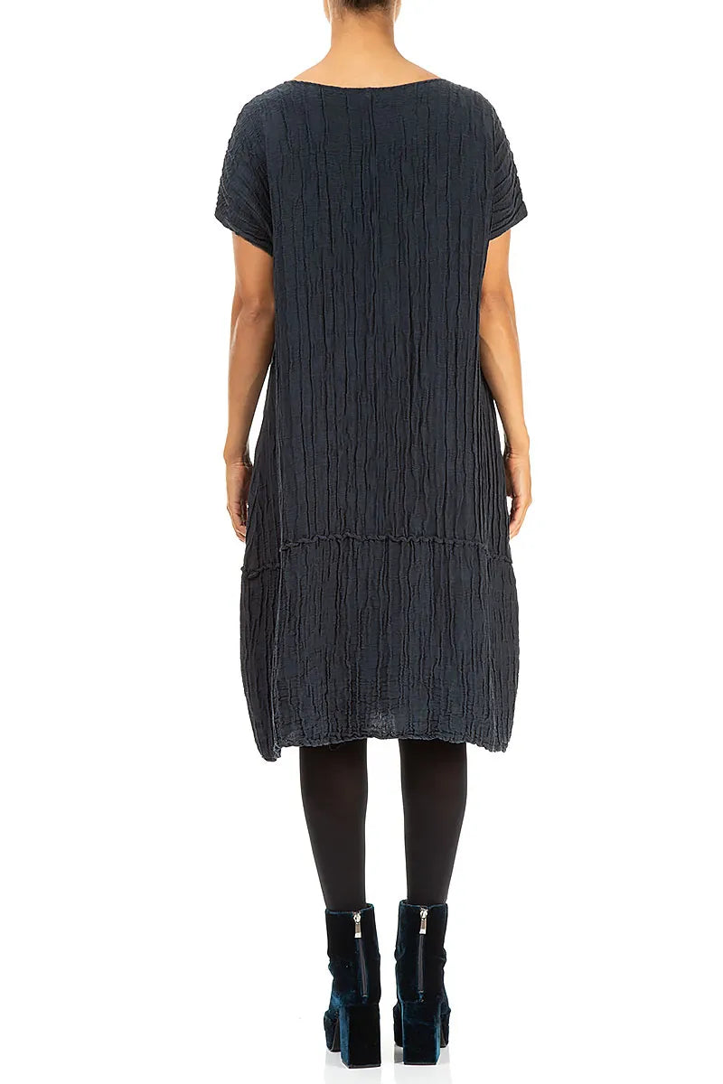 Navy Crinkled Silk Linen Dress