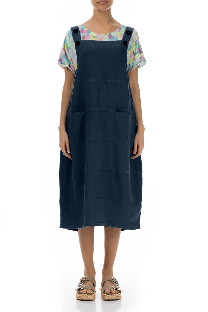 Navy Linen Dungaree Dress