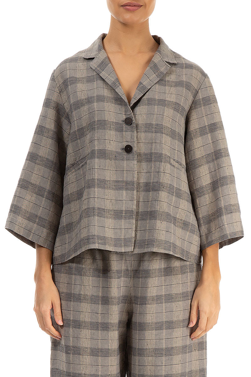 Notched Collar Greige Check Linen Jacket 1