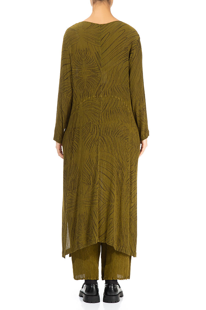 Olive Feathers Silk Viscose Shift Dress 2