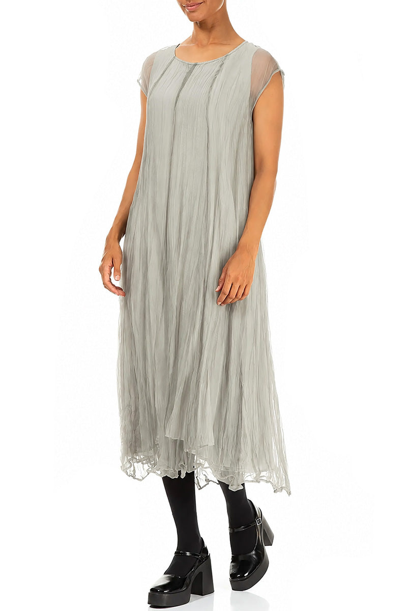 Olive Grey Crumpled Silk Chiffon Dress