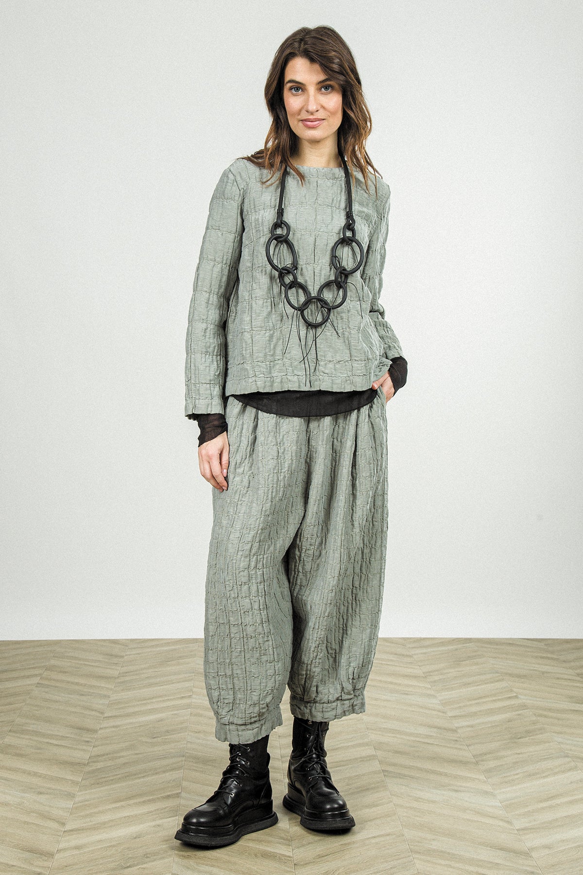 Olive Grey Pleated Silk Linen Trousers 7