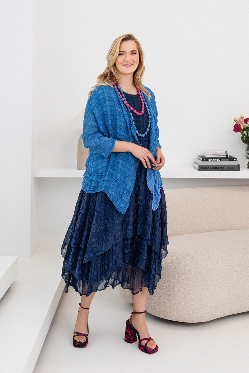 Open Cobalt Blue Textured Silk Jacket