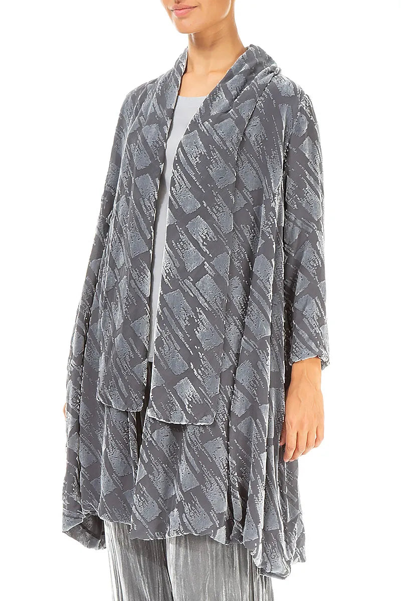 Veste ouverte en velours de soie argenté brossé dévoré