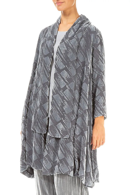 Veste ouverte en velours de soie argenté brossé dévoré