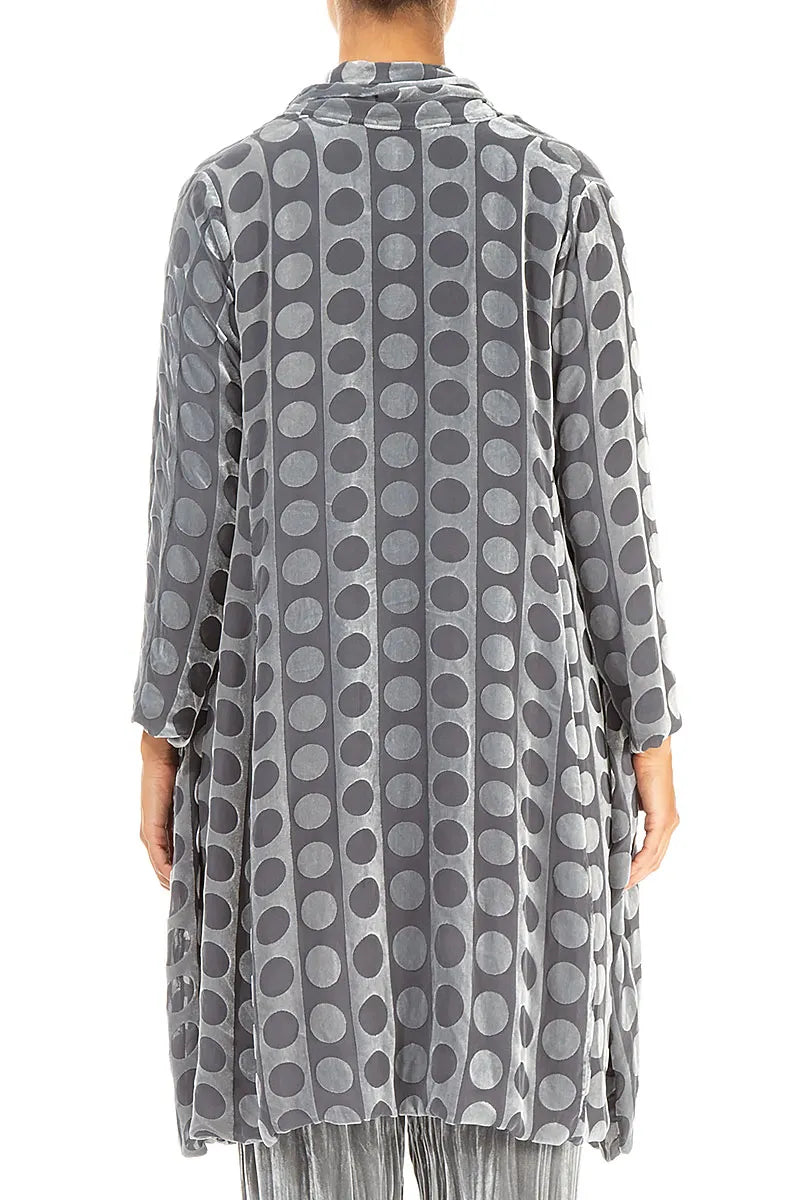 Veste ouverte en velours de soie argenté à lignes bulles et à motif dévoré