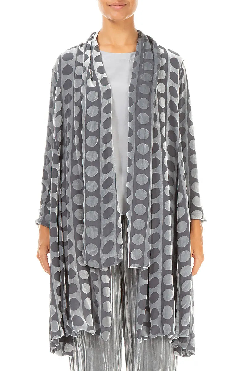 Veste ouverte en velours de soie argenté à lignes bulles et à motif dévoré