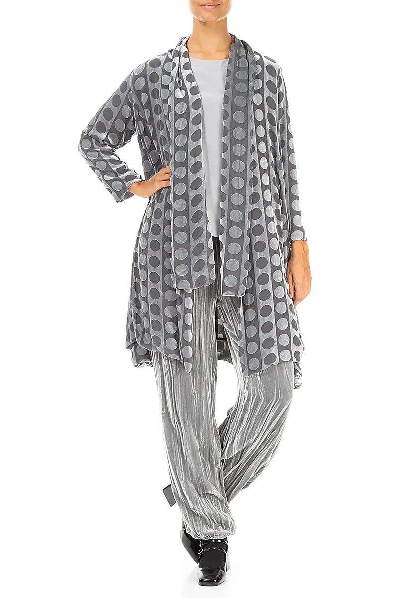 Veste ouverte en velours de soie argenté à lignes bulles et à motif dévoré