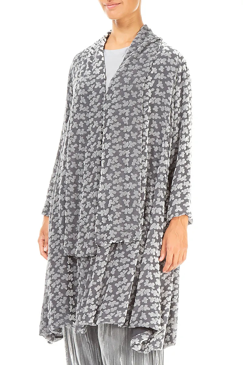 Veste en velours de soie argentée à pétales dévorés ouverts