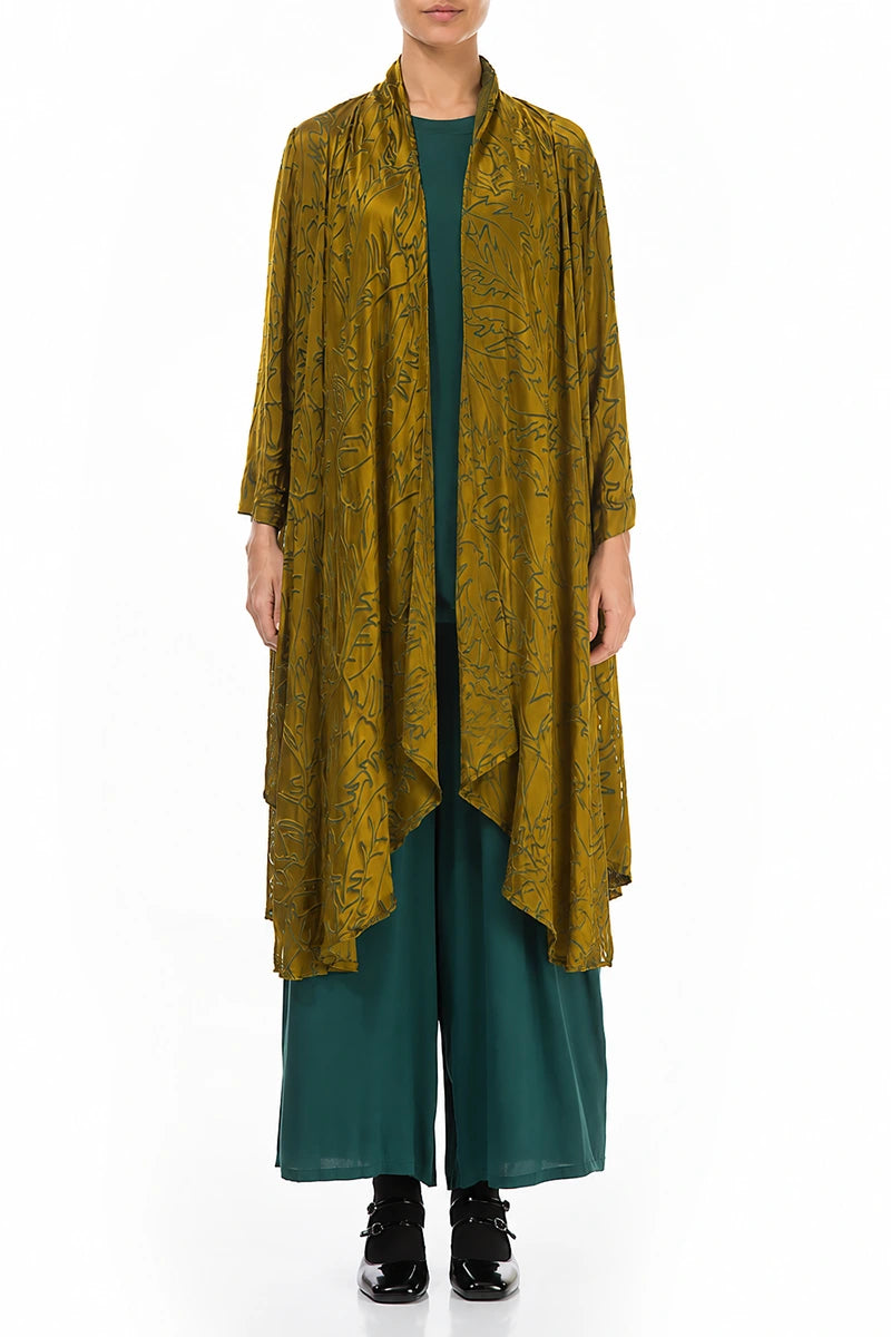 Open Golden Olive Devoré Feather Silk Jacket 1