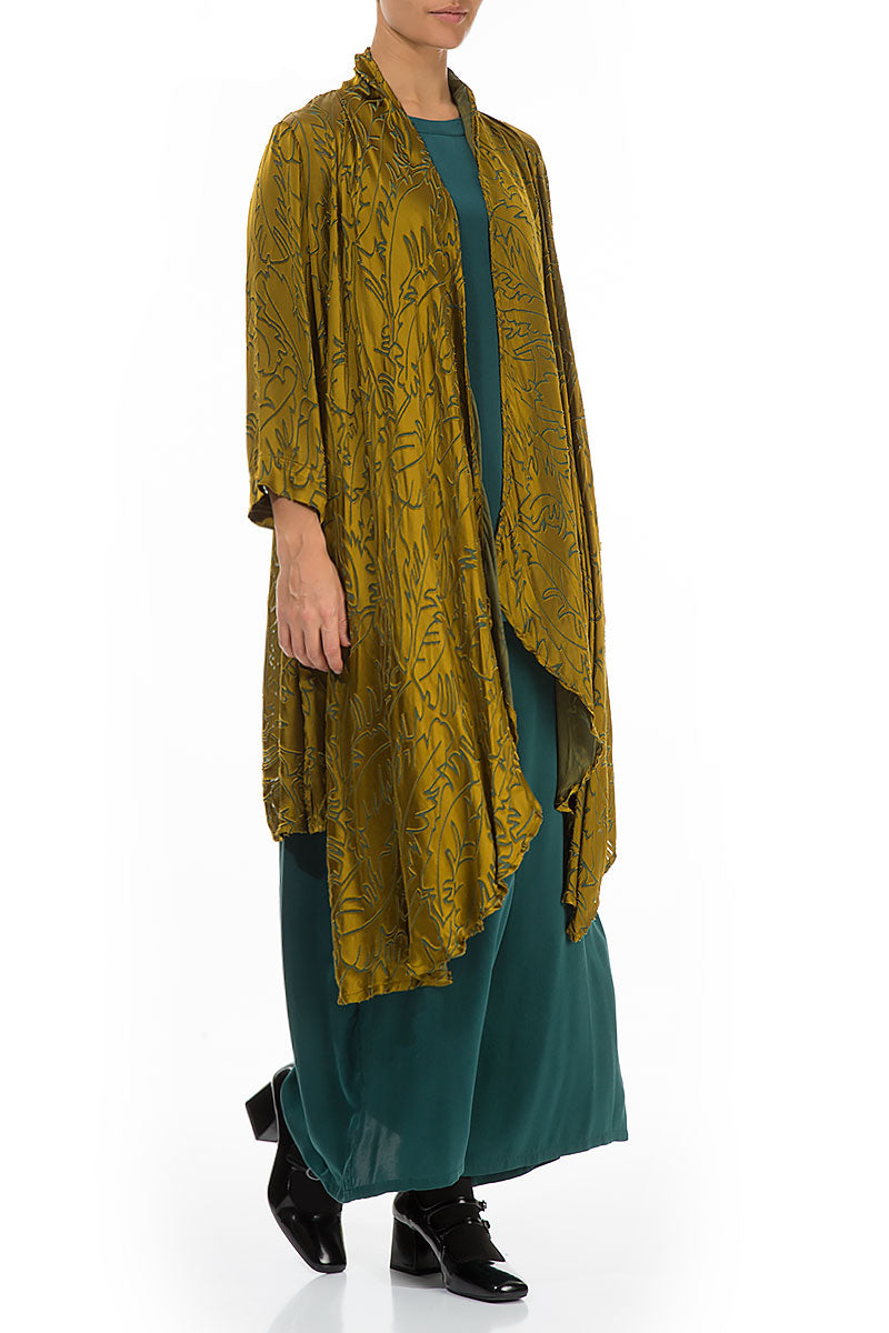 Open Golden Olive Devoré Feather Silk Jacket 3