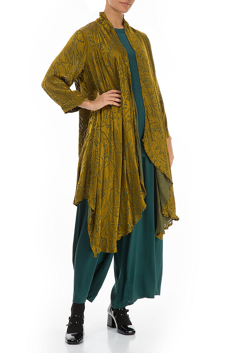 Open Golden Olive Devoré Feather Silk Jacket 5
