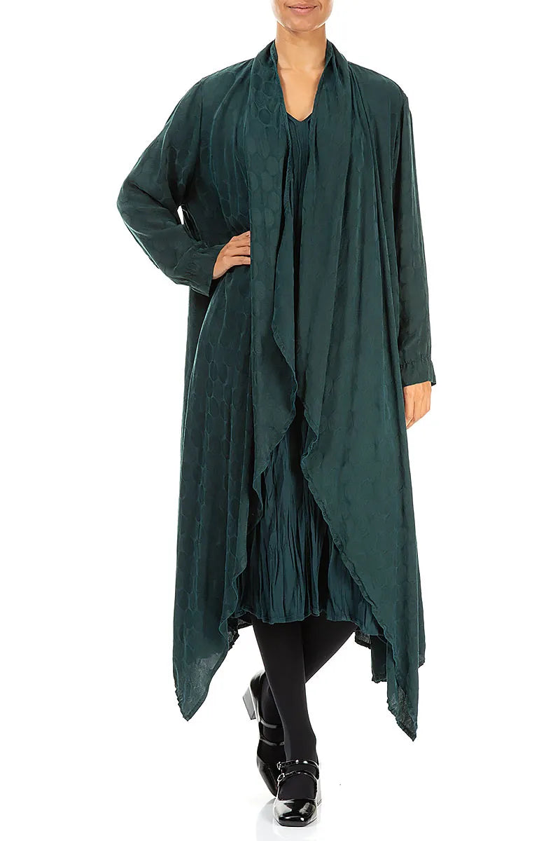 Offene, strukturierte Seidenjacke mit Pfauenrosette und Wasserfallausschnitt