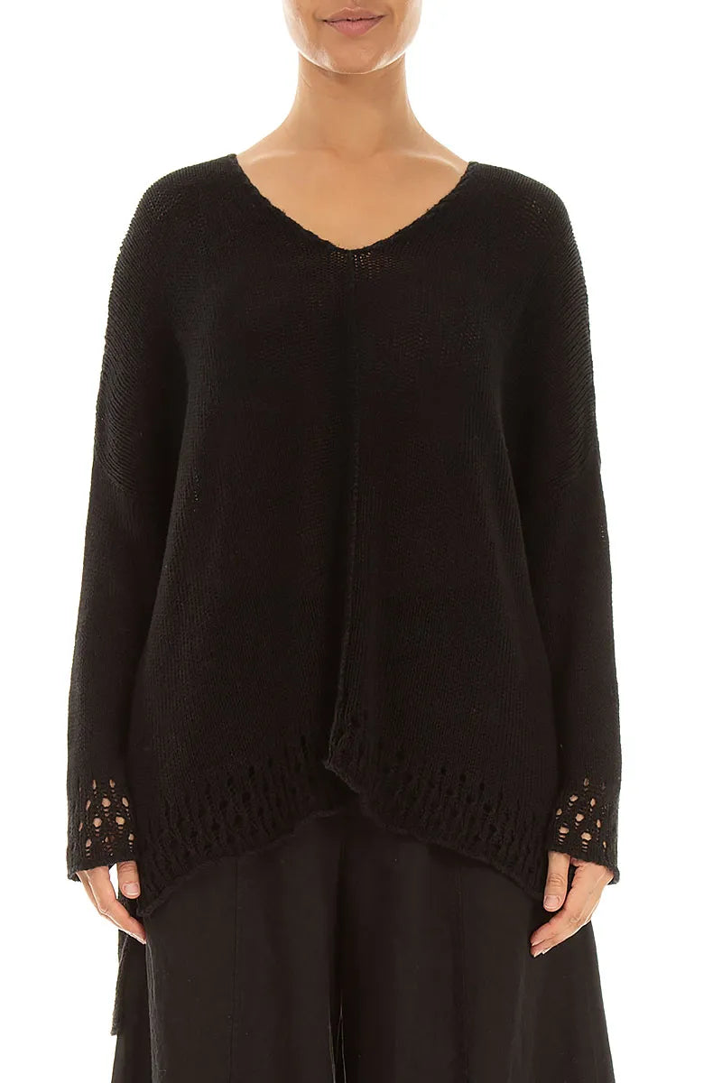 Openwork Hem Black Linen Jumper 1