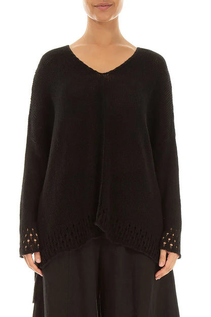 Openwork Hem Black Linen Jumper 1