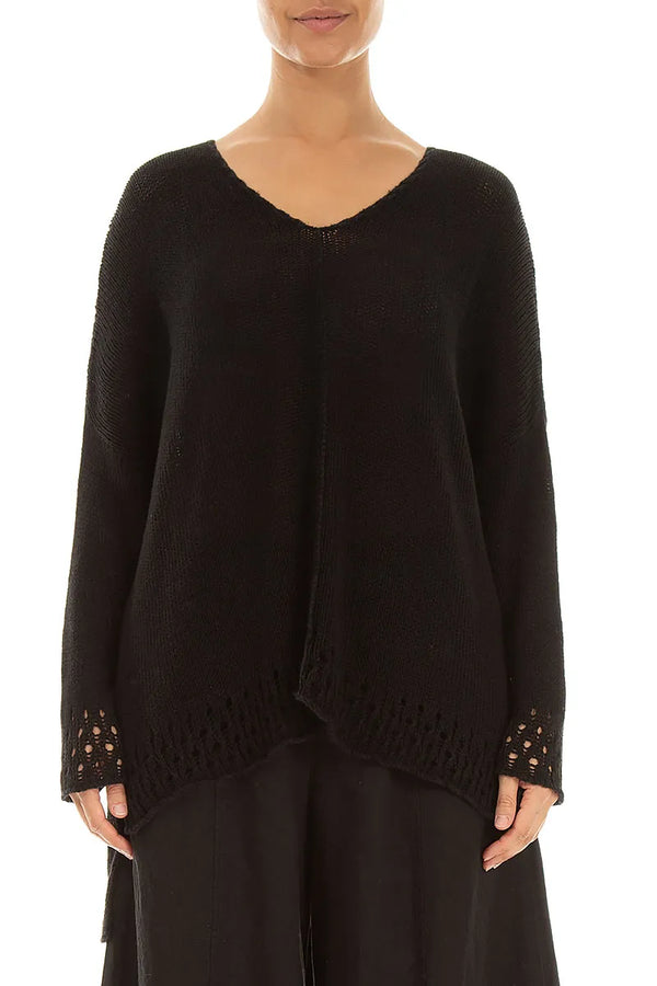 Openwork Hem Black Linen Jumper 1